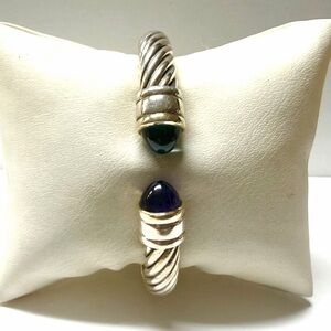 ALS Sterling Silver & 18k Gold Topaz And Amethyst Cable Cuff Bracelet Italy